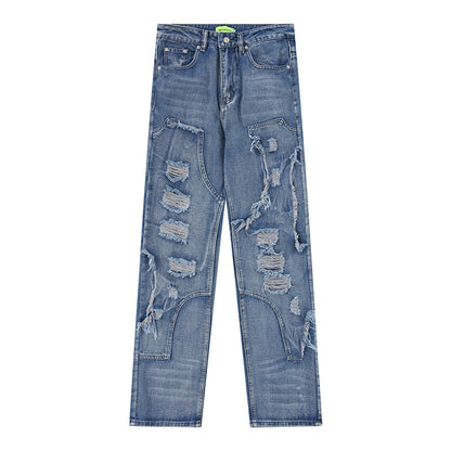 Stitching Hole Loose Denim Trousers Men