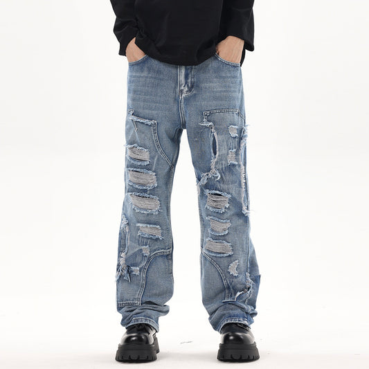 Stitching Hole Loose Denim Trousers Men