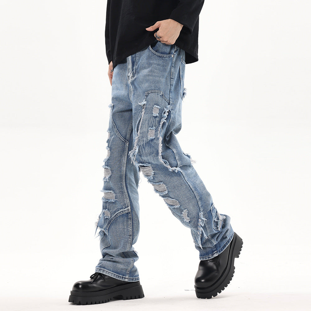 Stitching Hole Loose Denim Trousers Men